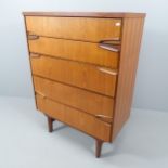 A mid-century teak chest of five long drawers, with label for Remploy. 85x117x43cm