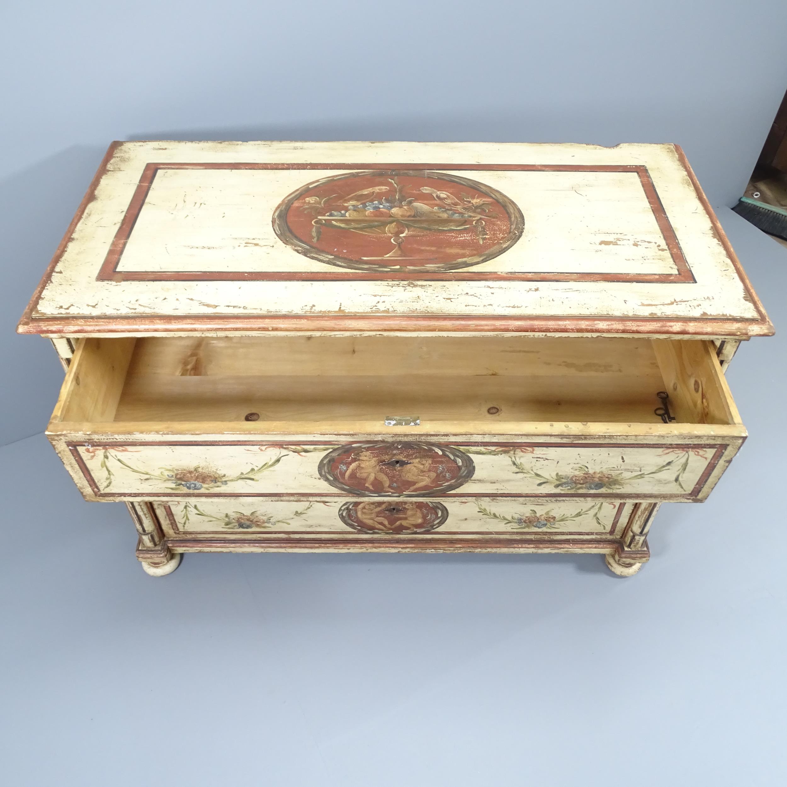 An antique continental painted chest of three drawers. 136x92x66cm handles have been removed from - Image 2 of 2