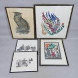 A group of Oriental woodblock pictures, and a print of an eagle owl, from the Biltmore House library