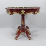 A continental style mahogany and marble topped occasional table, with brass mounts. 78x77x60cm. In