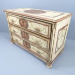 An antique continental painted chest of three drawers. 136x92x66cm handles have been removed from