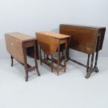 A small antique burr walnut-veneered Sutherland drop leaf table, 60x52x17cm, and two others (3)