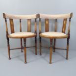 A pair of antique Arts & Crafts mahogany and satinwood-inlaid corner hall chairs.