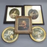 A pair of Bartolozzi style oval prints, diameter 31cm, and 2 other engravings etc (5)