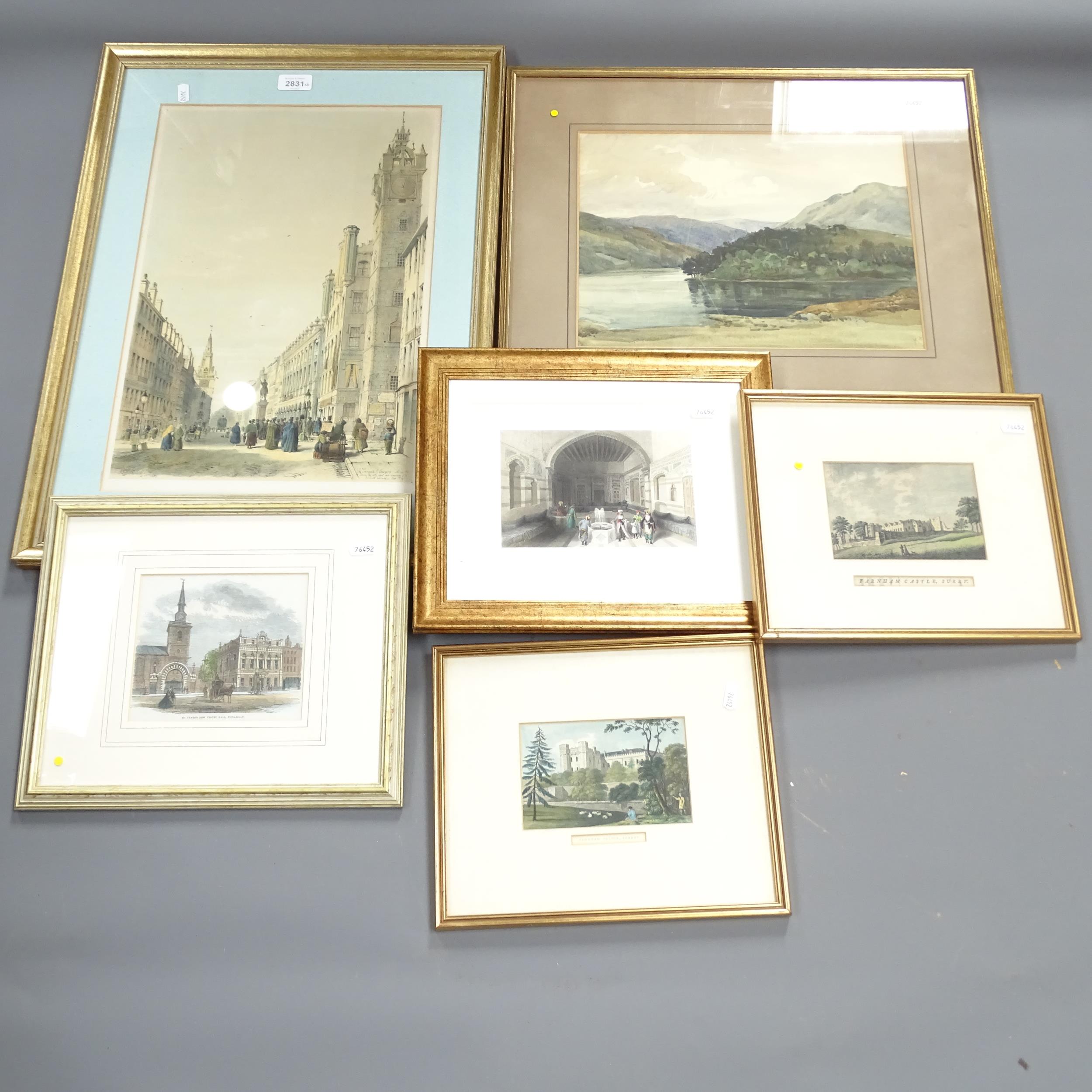 A group of various engravings, including an 18th century engraving of Farnham Castle, Surrey, an