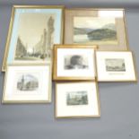 A group of various engravings, including an 18th century engraving of Farnham Castle, Surrey, an