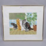 Ken Fleming, screenprint of 4 cats sitting under a pot plant, 58cm x 66cm, framed