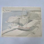Arthur Kemp (1906 - 1968), moored boat and port, watercolour/pencil, 32cm x 44cm, unframed,