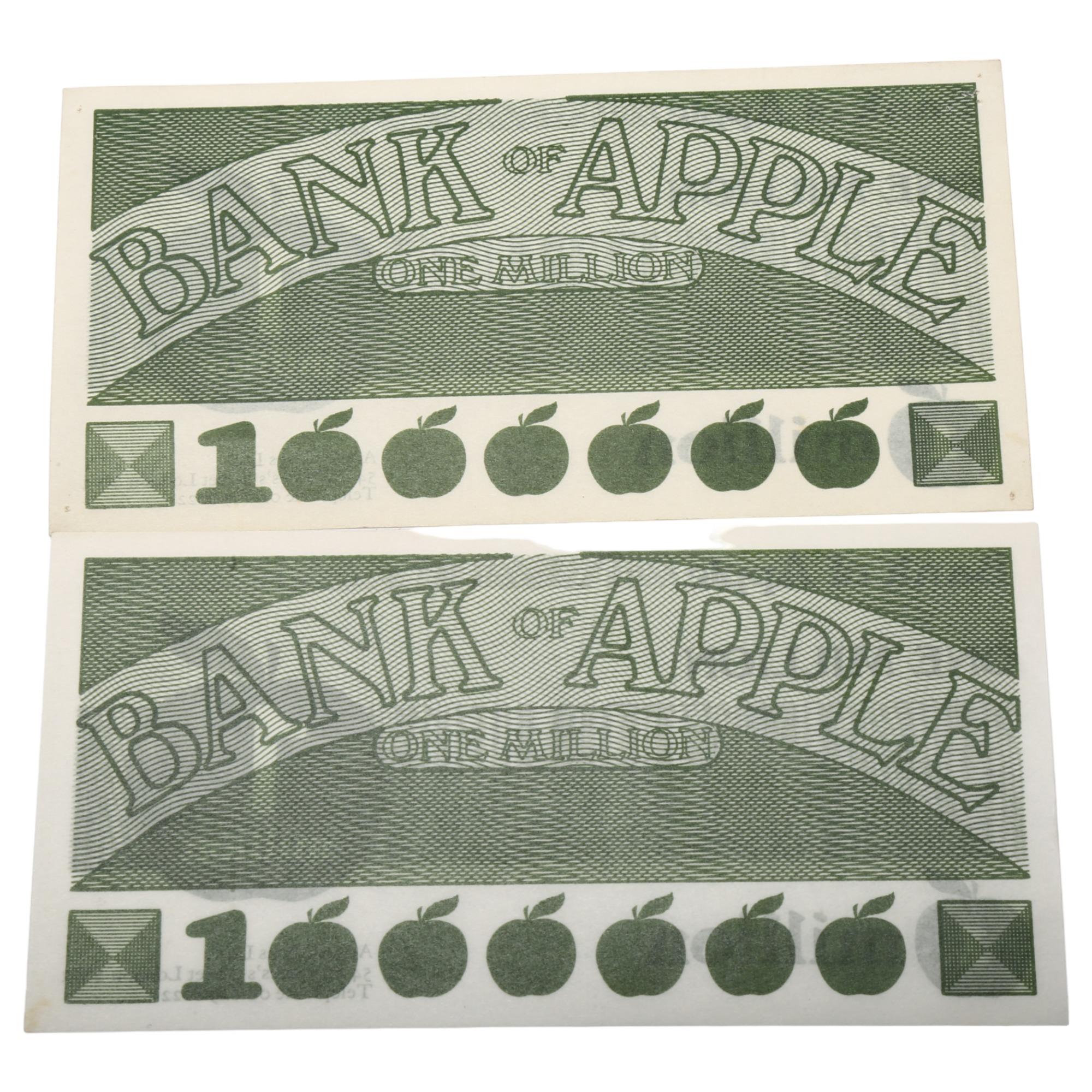 Beatles Interest - A pair of Bank of Apple, One Million, promotional notes, 14.5 x 7.5cm Vendor