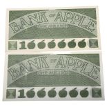 Beatles Interest - A pair of Bank of Apple, One Million, promotional notes, 14.5 x 7.5cm Vendor