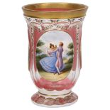A 19th century Bohemian glass spa beaker, with hand painted and gilded rose swag decoration, pink