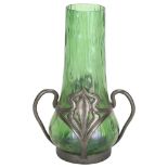 An Art Nouveau Loetz pewter-mounted iridescent green glass vase, with mark for Van Houten, model no.