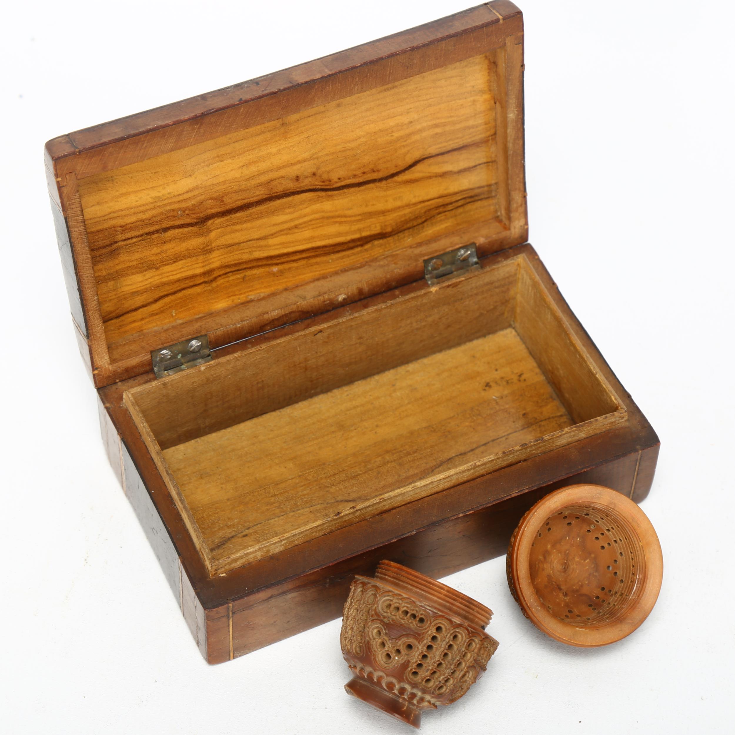 A 19th century Italian marquetry box, with Classical scene, and a carved coquilla nut with pierced - Image 3 of 3