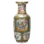 A Chinese Canton famille rose ceramic rouleau vase, with hand painted and enamelled figures in