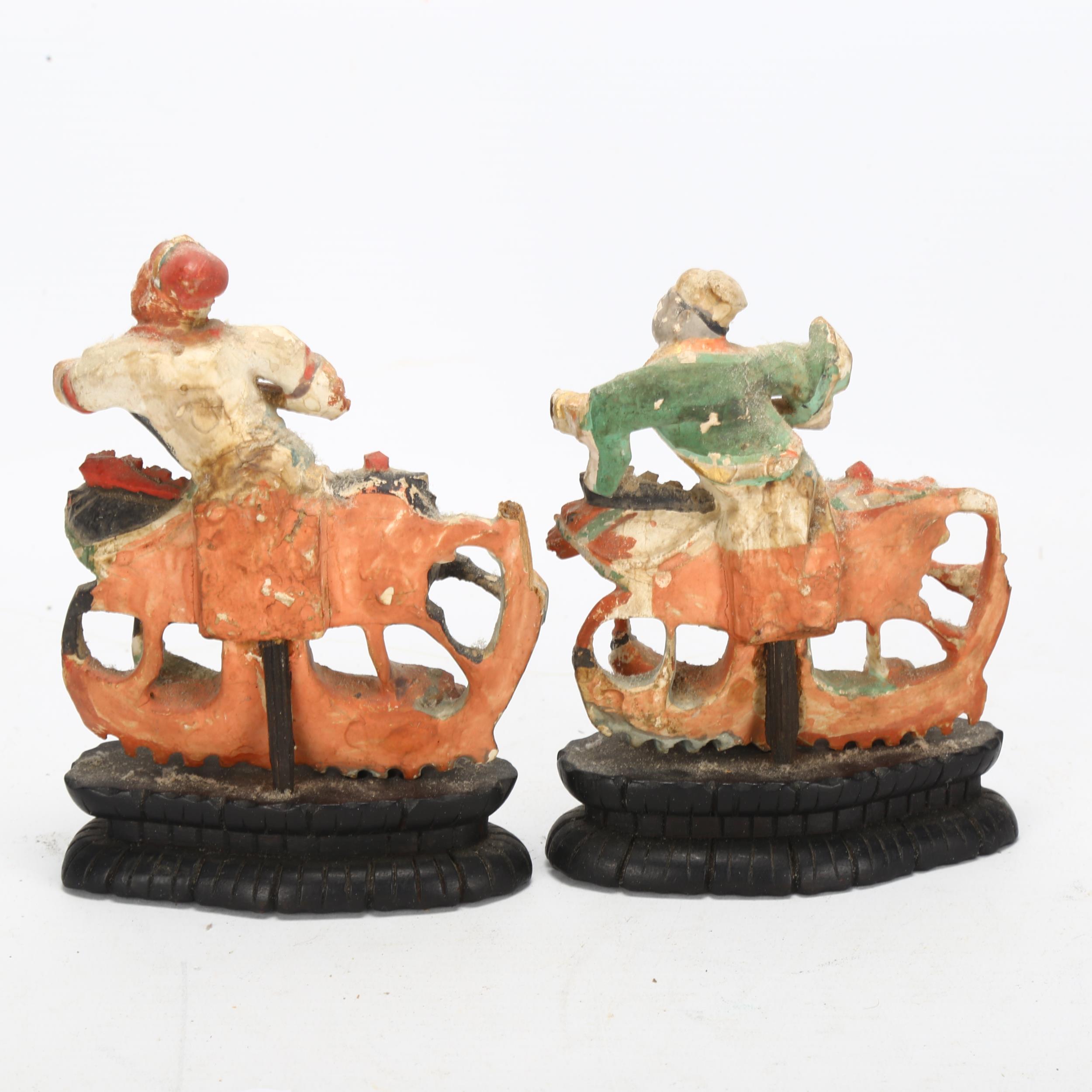 A pair of Antique Chinese wood carved figures on horseback, on wood stands, height 13cm Both figures - Image 2 of 3