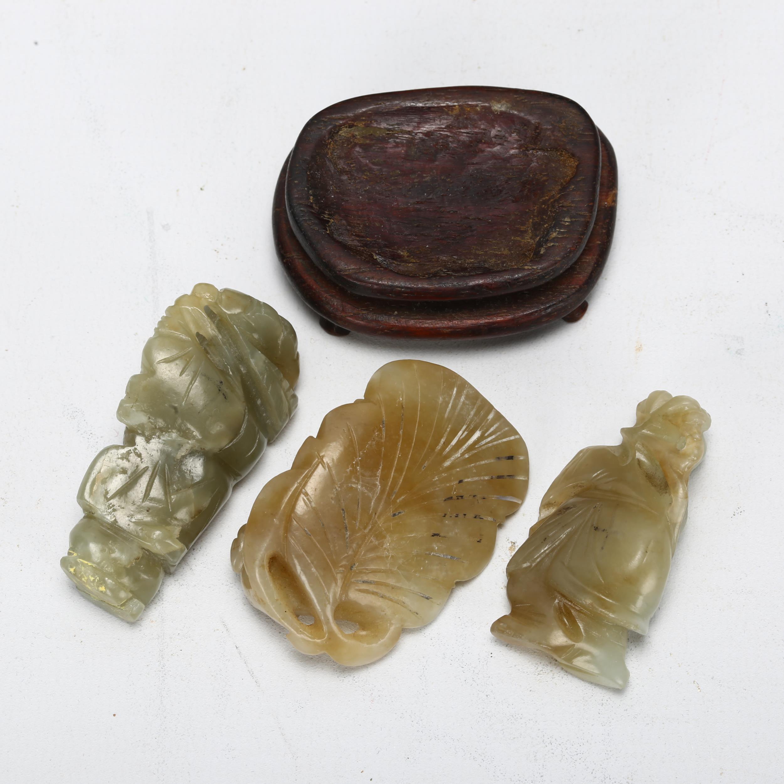 3 Chinese jade figures, 1 on wooden stand, largest 5.5cm All in good condition, no chips cracks or - Image 3 of 3