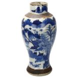 A Chinese blue and white crackle glaze baluster vase, with hand painted village and mountain