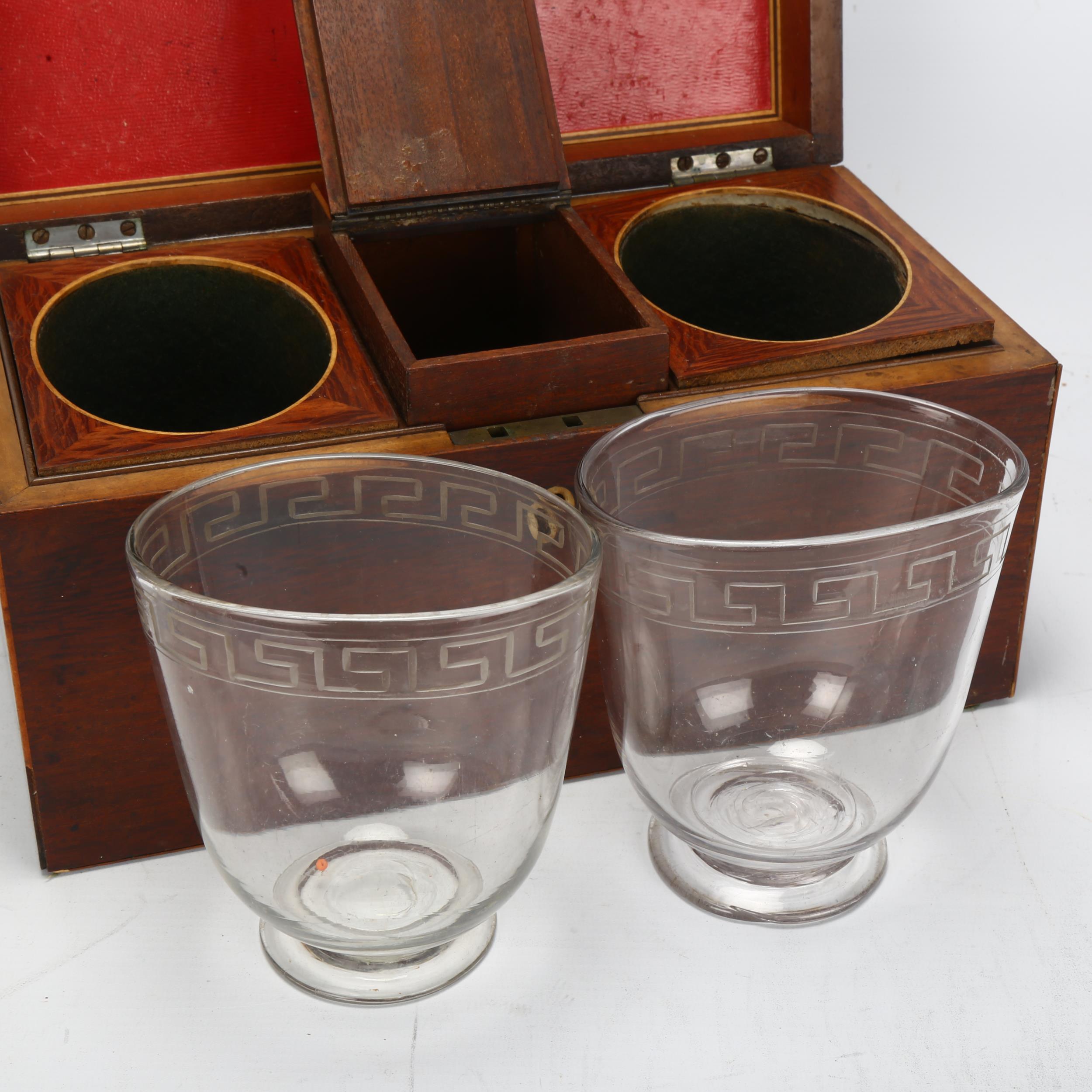 A Georgian mahogany tea caddy, with fitted interior and etched Greek Key glass, 30.5 x 15.5cm, - Image 2 of 3