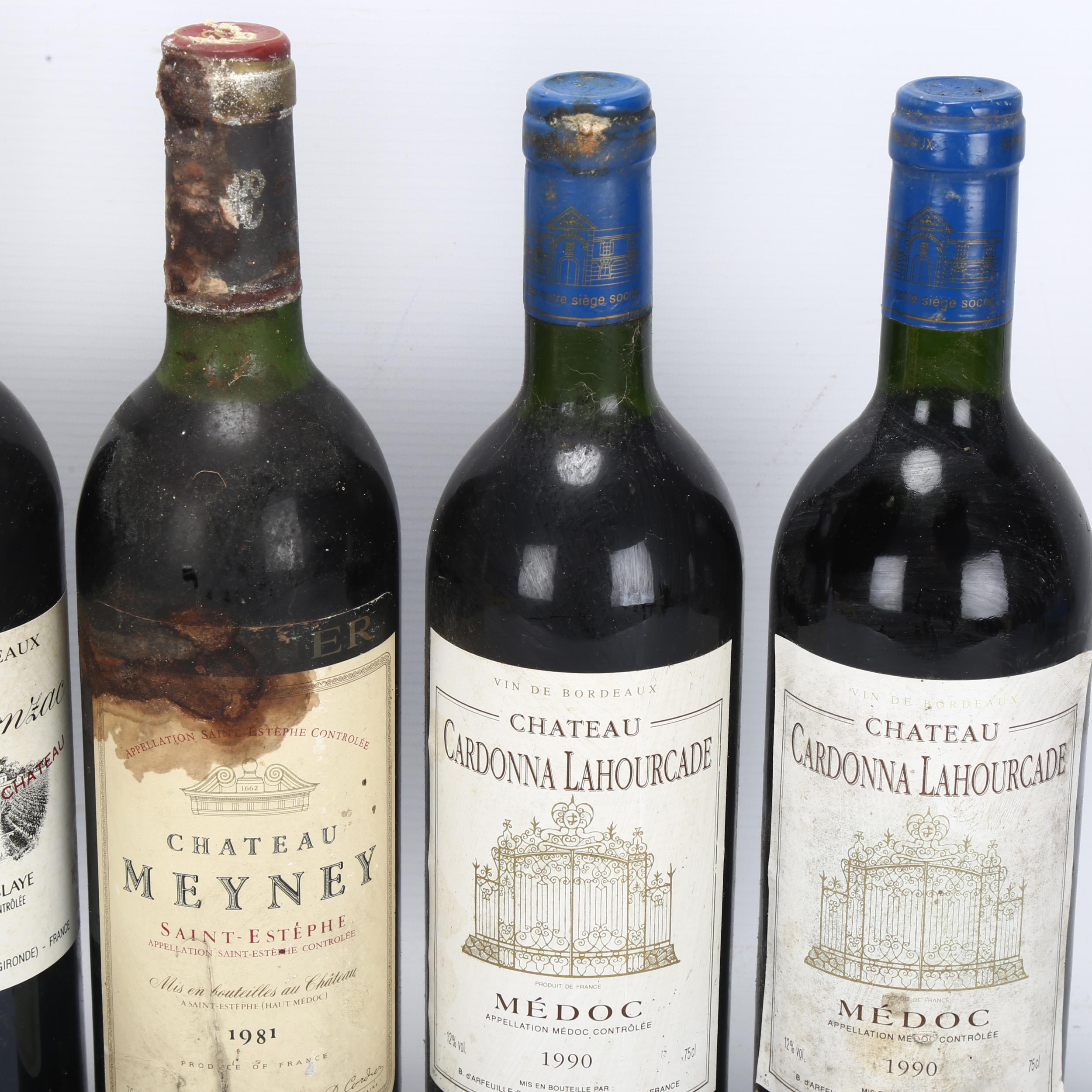 6 bottles of French red wine, 2 x 1990 Chateau Cardonna Lahourcade, Medoc, 1981 Chateau Meyney, - Image 2 of 3