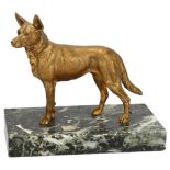 An Art Deco gilt-bronze Alsatian dog sculpture, on veined green marble base, base length 15cm Low