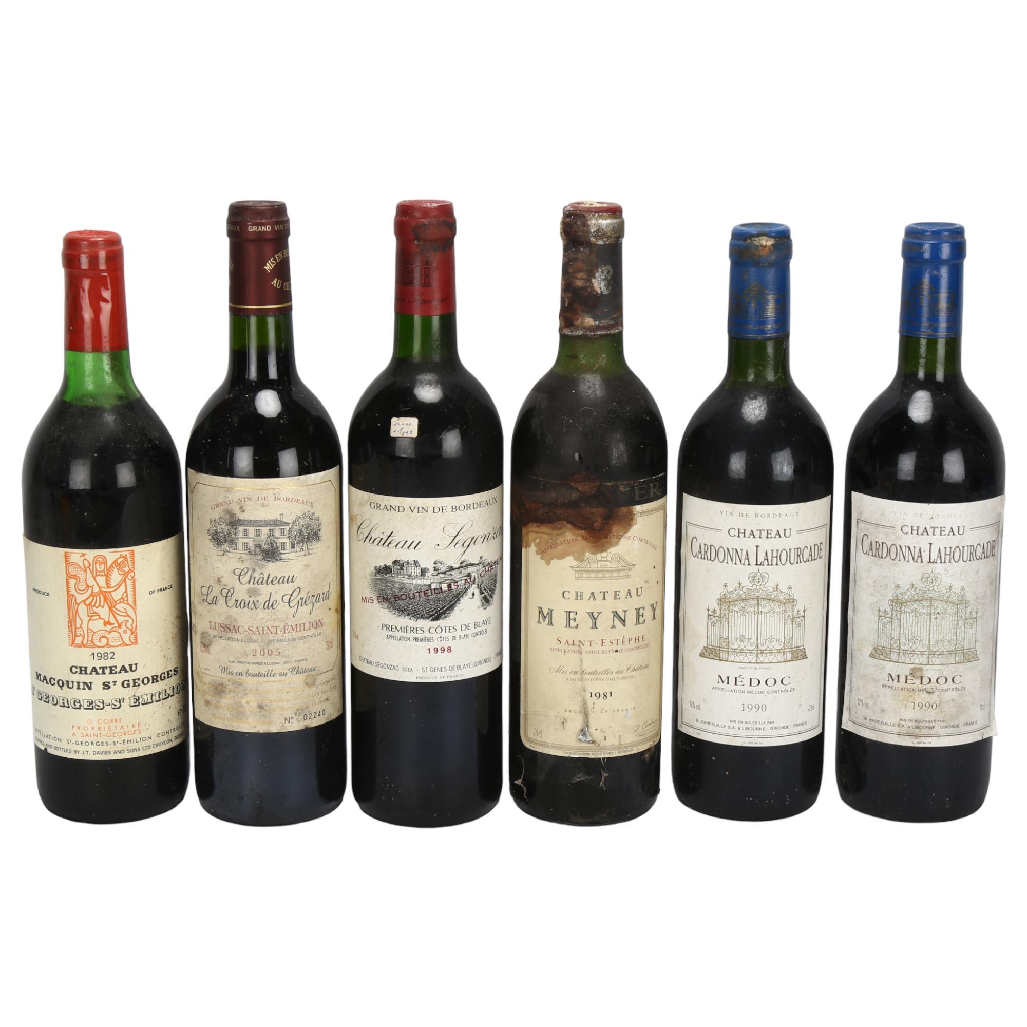 6 bottles of French red wine, 2 x 1990 Chateau Cardonna Lahourcade, Medoc, 1981 Chateau Meyney,