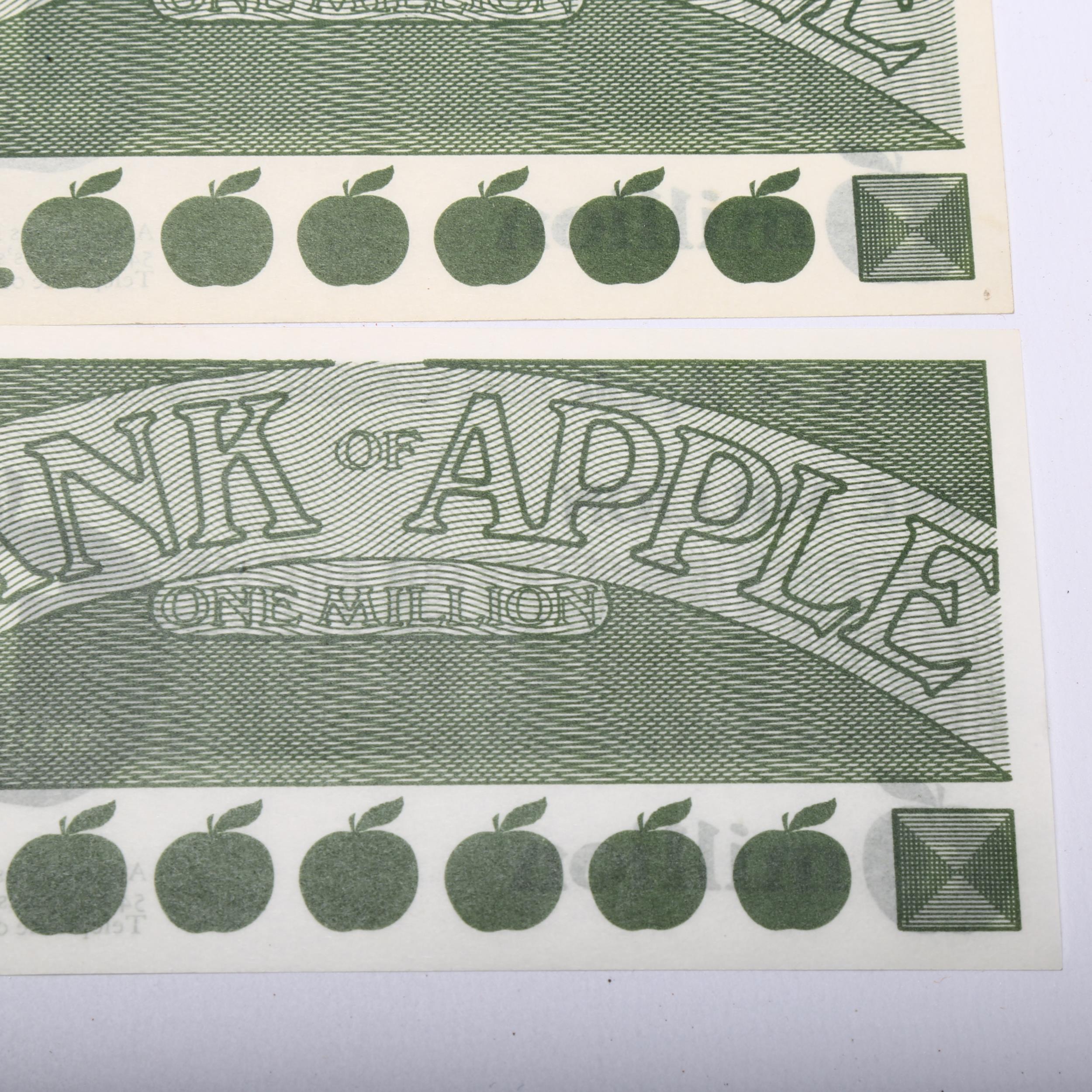 Beatles Interest - A pair of Bank of Apple, One Million, promotional notes, 14.5 x 7.5cm Vendor - Image 2 of 3