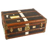 GOYARD - an early 20th century French cabin trunk, with canvas chevron pattern and leather trim with