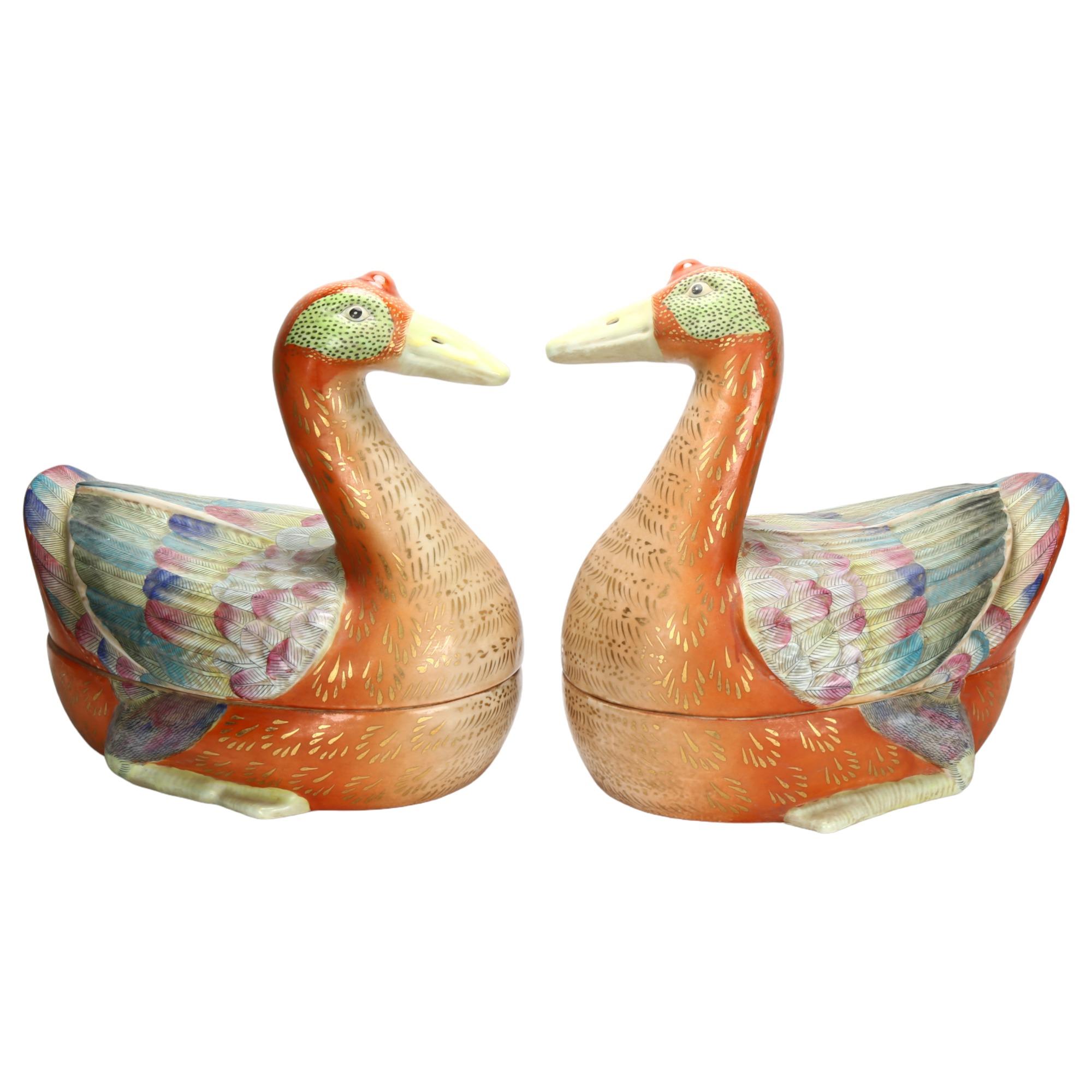 A pair of large Chinese porcelain goose tureen containers, late 19th/ early 20th century, with