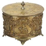 A large 19th century electroplated brass Classical biscuit tin, with relief embossed putti and