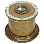 A French Napoleon III gilt-bronze Pietra Dura and enamel tobacco jar, cylindrical form with inset