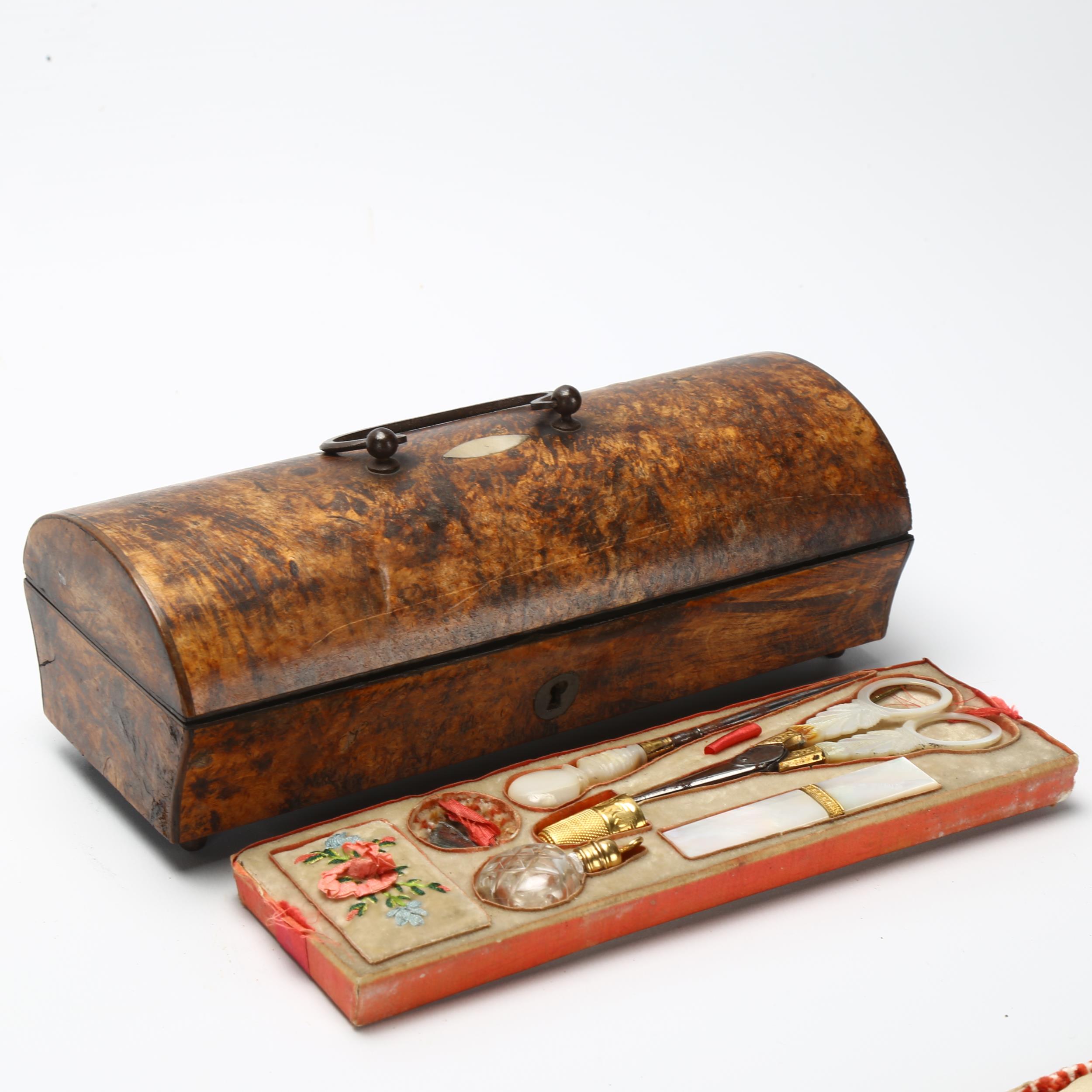 A French burr walnut dome top sewing etui, with mother of pearl fittings, length 18cm Some surface - Image 2 of 3