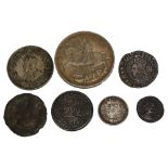 A collection of 7 coins, inc Elizabeth I, Roman and 1711 Reales