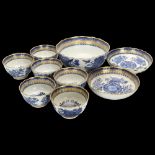 A group of Chinese blue and white chrysanthemum porcelain, comprising 6 x tea bowls, 2 x dishes, and