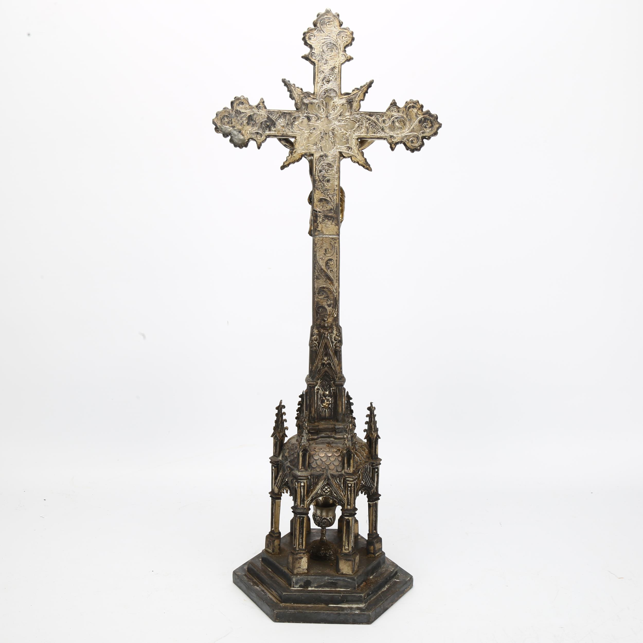 A large electrotype church altar crucifix, with architectural chalice base, height 55cm Cross is - Image 3 of 3