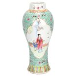 A Chinese famille rose Mei Ping vase, turquoise ground with figures in courtyard, with 4 character