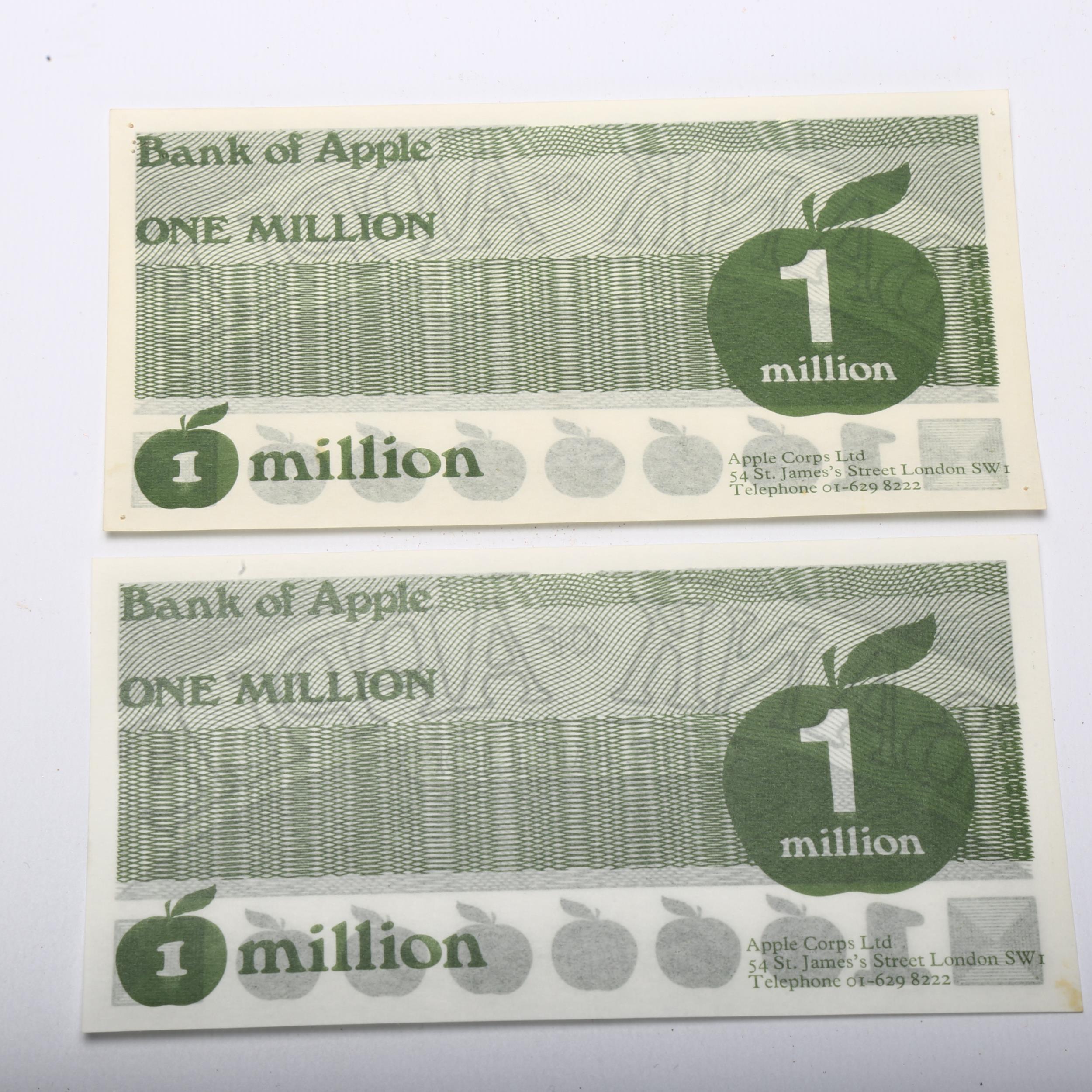 Beatles Interest - A pair of Bank of Apple, One Million, promotional notes, 14.5 x 7.5cm Vendor - Image 3 of 3