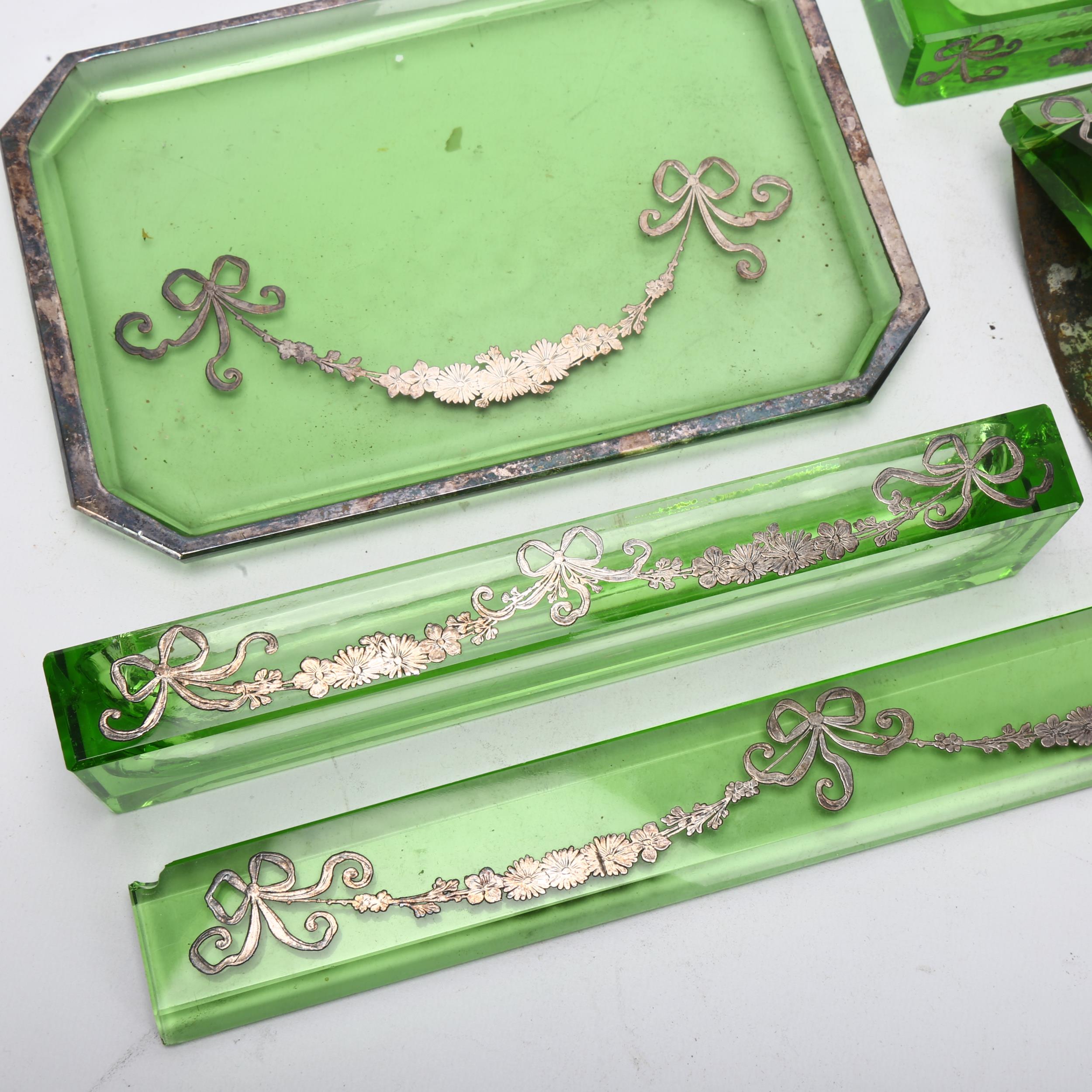 An Art Deco silver overlaid green glass desk set, comprising paperweight, pen tray, desk blotter, - Image 2 of 3