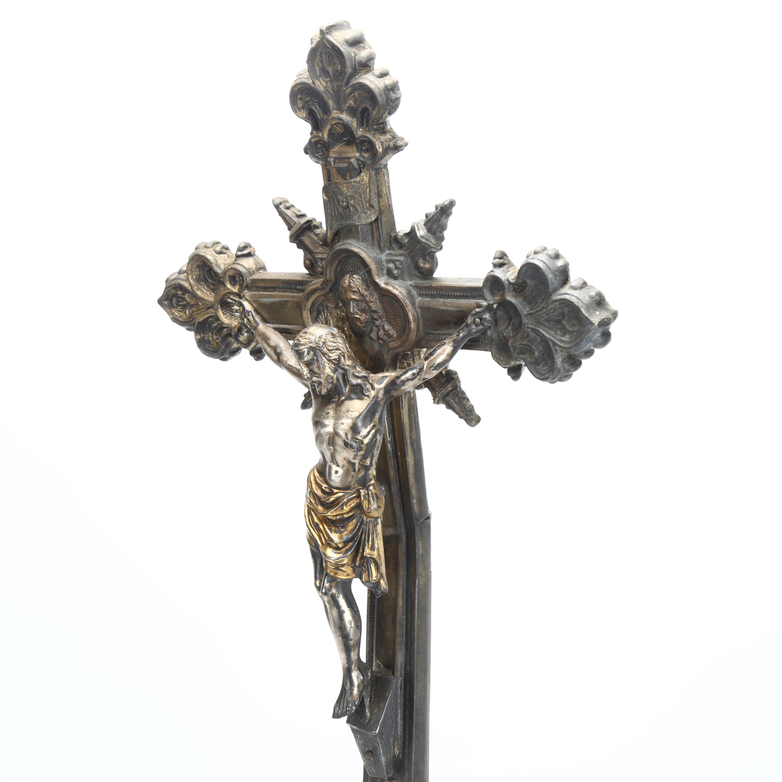 A large electrotype church altar crucifix, with architectural chalice base, height 55cm Cross is - Image 2 of 3