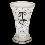 A 19th century Bohemian glass flared beaker, with hand painted monochrome watercolour aperture