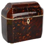 **DESCRIPTION CHANGE** A *reproduction* tortoiseshell dome-top tea caddy, *in Georgian Regency style