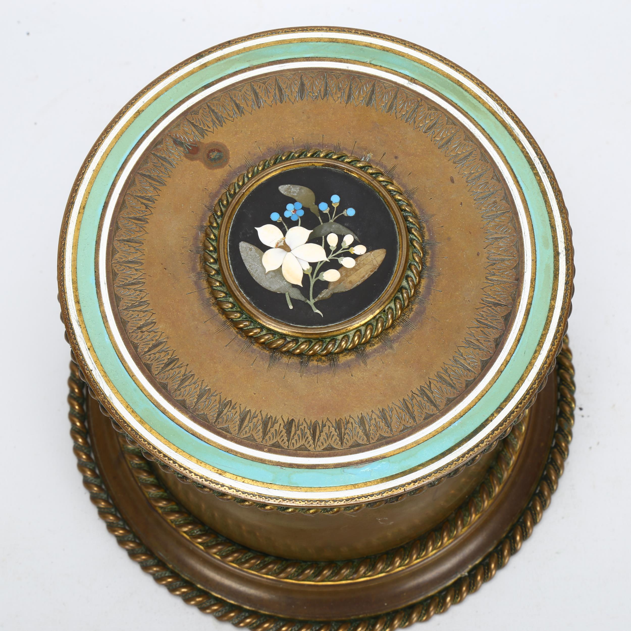 A French Napoleon III gilt-bronze Pietra Dura and enamel tobacco jar, cylindrical form with inset - Image 2 of 3