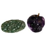 A Chinese fluorite 'Pomegranate' pendant, with yellow metal clasp, and a green jade 'Gourd' panel,