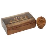 A 19th century Italian marquetry box, with Classical scene, and a carved coquilla nut with pierced