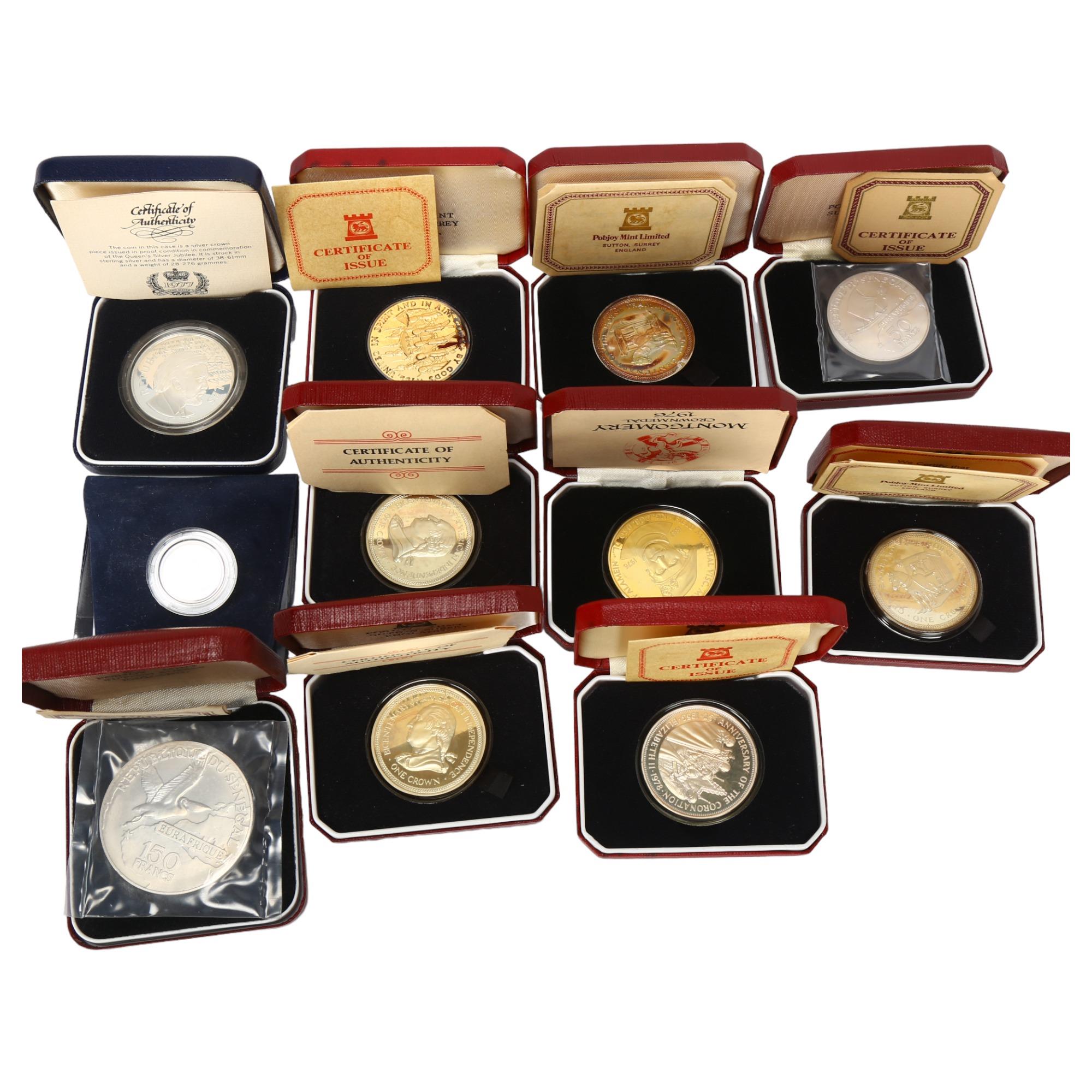 11 silver and silver-gilt commemorative coins, all cased