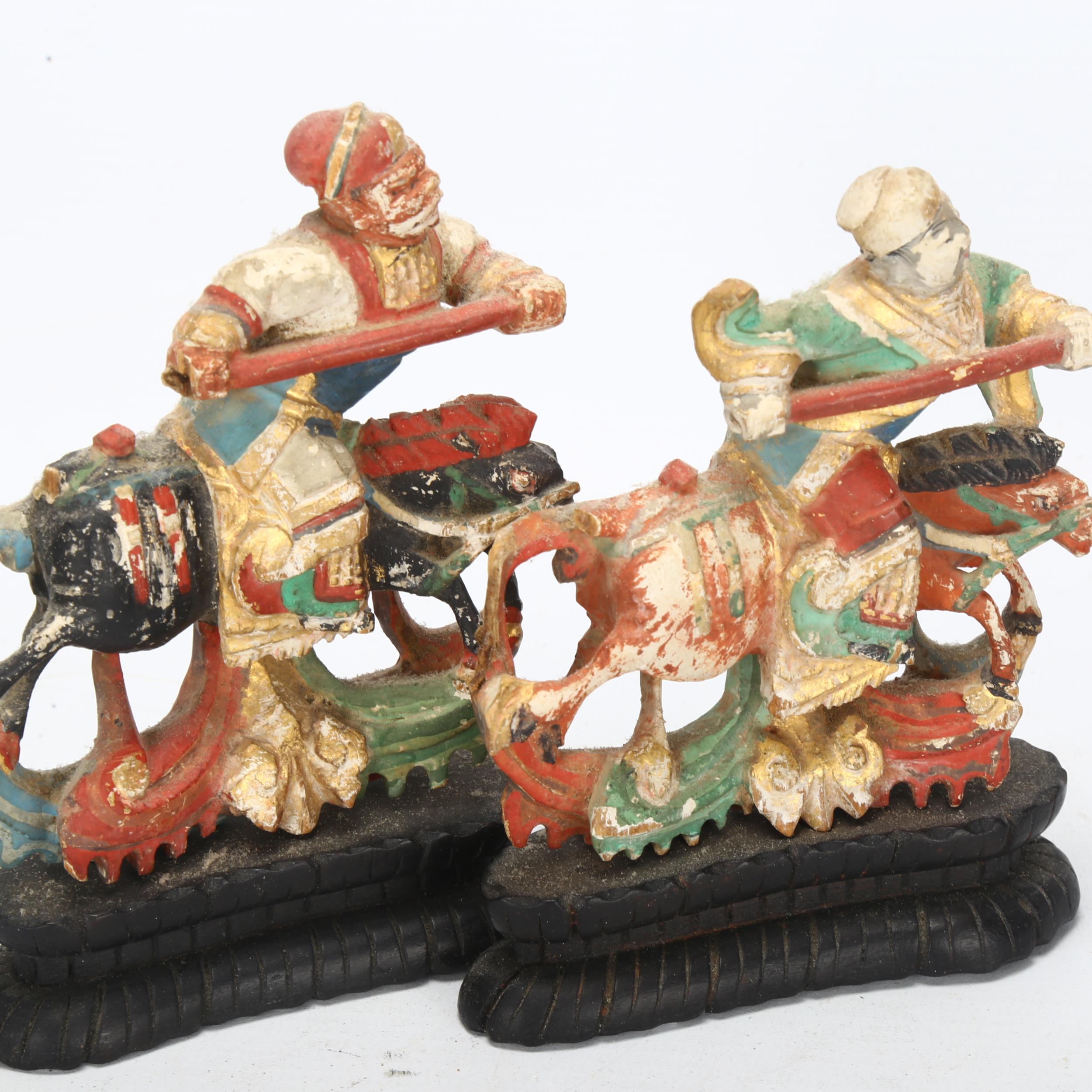 A pair of Antique Chinese wood carved figures on horseback, on wood stands, height 13cm Both figures - Image 3 of 3