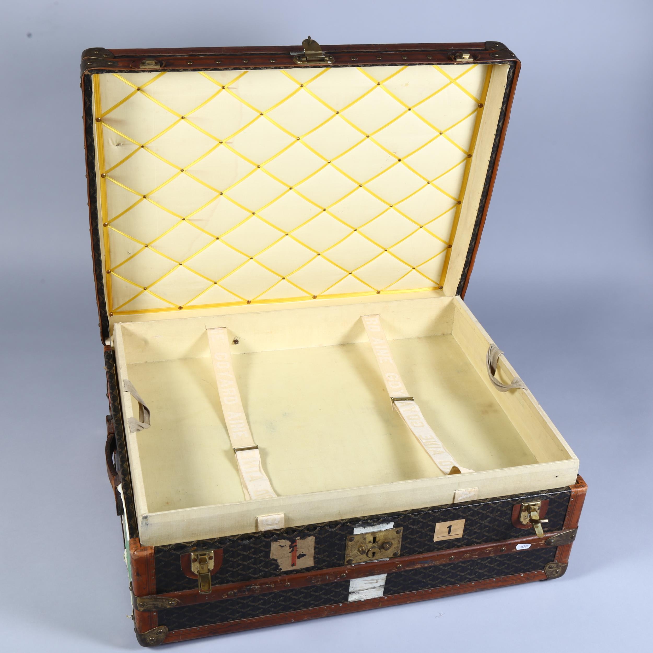 GOYARD - an early 20th century French cabin trunk, with canvas chevron pattern and leather trim with - Image 2 of 3