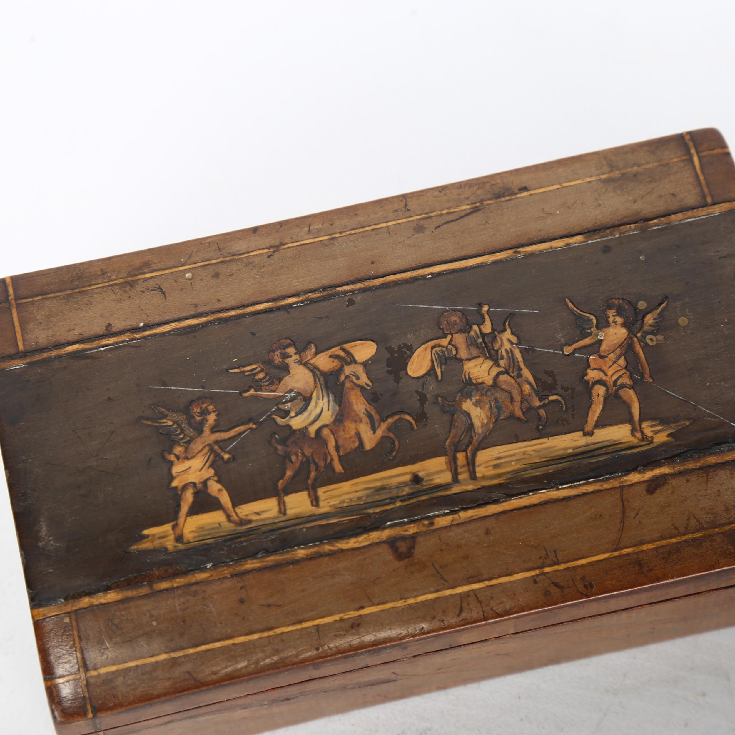 A 19th century Italian marquetry box, with Classical scene, and a carved coquilla nut with pierced - Image 2 of 3