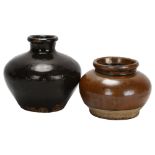 2 Antique Oriental Song Dynasty jars with Tenmoku glaze, tallest 12cm No chips cracks or restoration