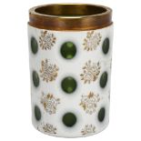 A 19th century Bohemian green flashed white glass cylinder jar, with circular cut apertures and