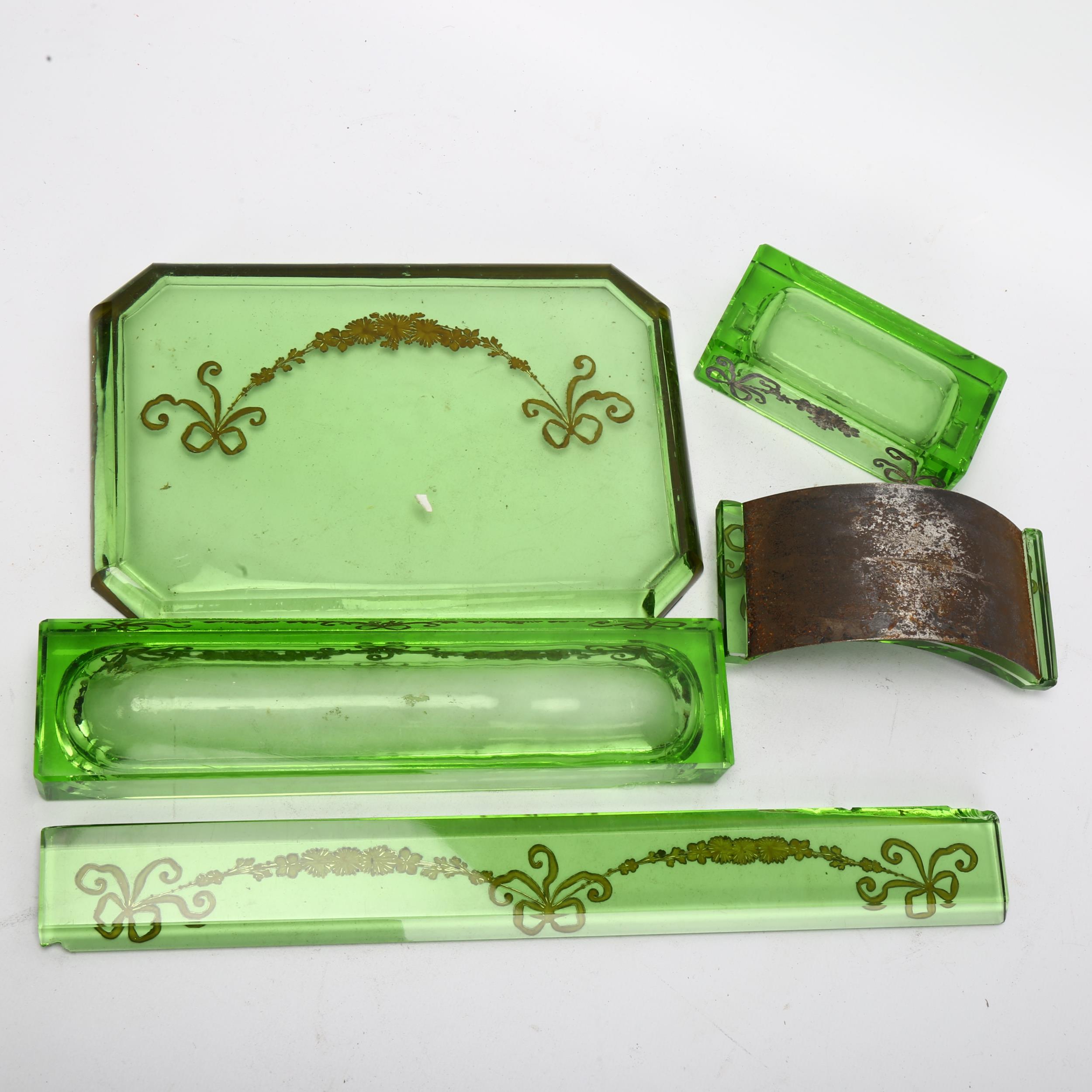 An Art Deco silver overlaid green glass desk set, comprising paperweight, pen tray, desk blotter, - Image 3 of 3